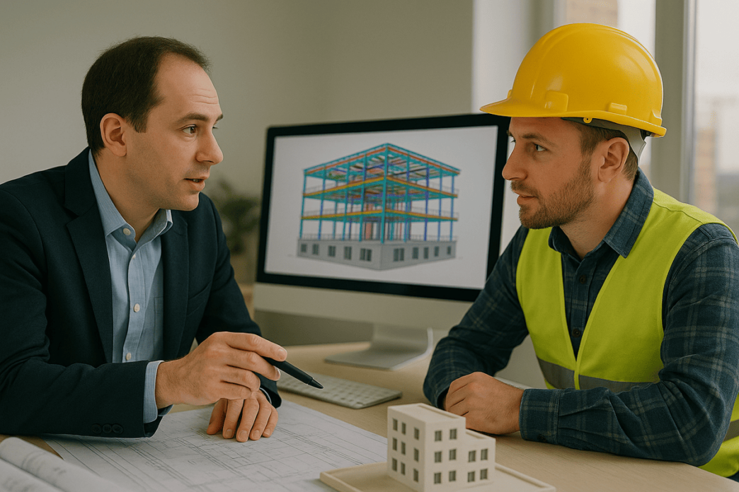 BIM Consultant explaining building plans to an engineer with a 3D model on screen
