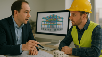 BIM Consultant explaining building plans to an engineer with a 3D model on screen
