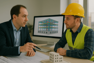 BIM Consultant explaining building plans to an engineer with a 3D model on screen